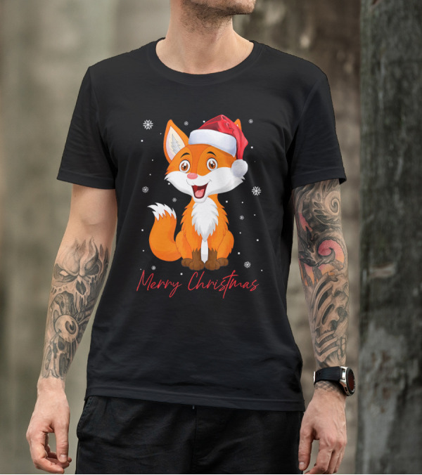 Merry Christmas Fox Santa Hat Snowflakes T-Shirt
