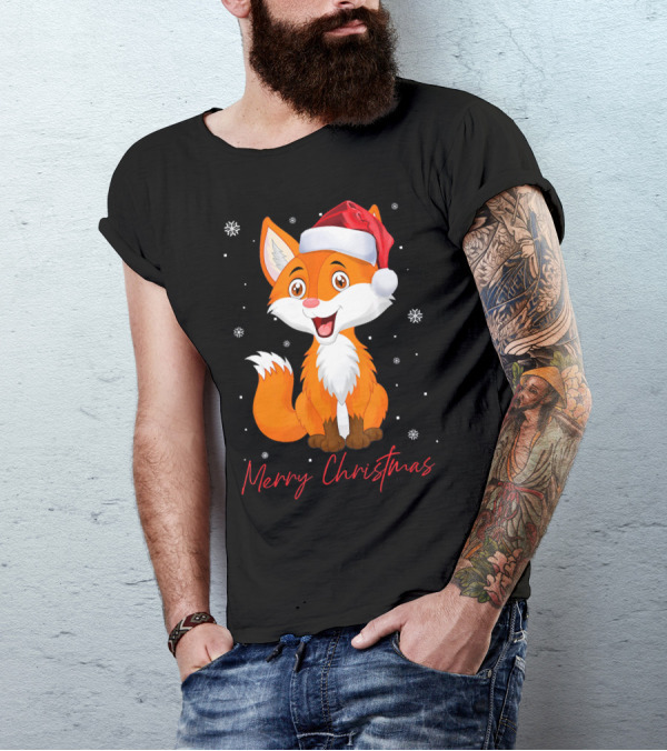 Merry Christmas Fox Santa Hat Snowflakes T-Shirt
