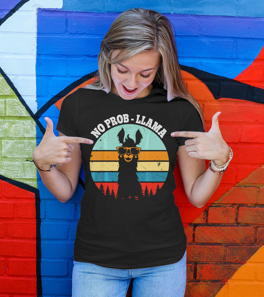 NO PROB LLAMA Retro Vintage Sunset Llama With Sunglasses And Trees T-Shirt