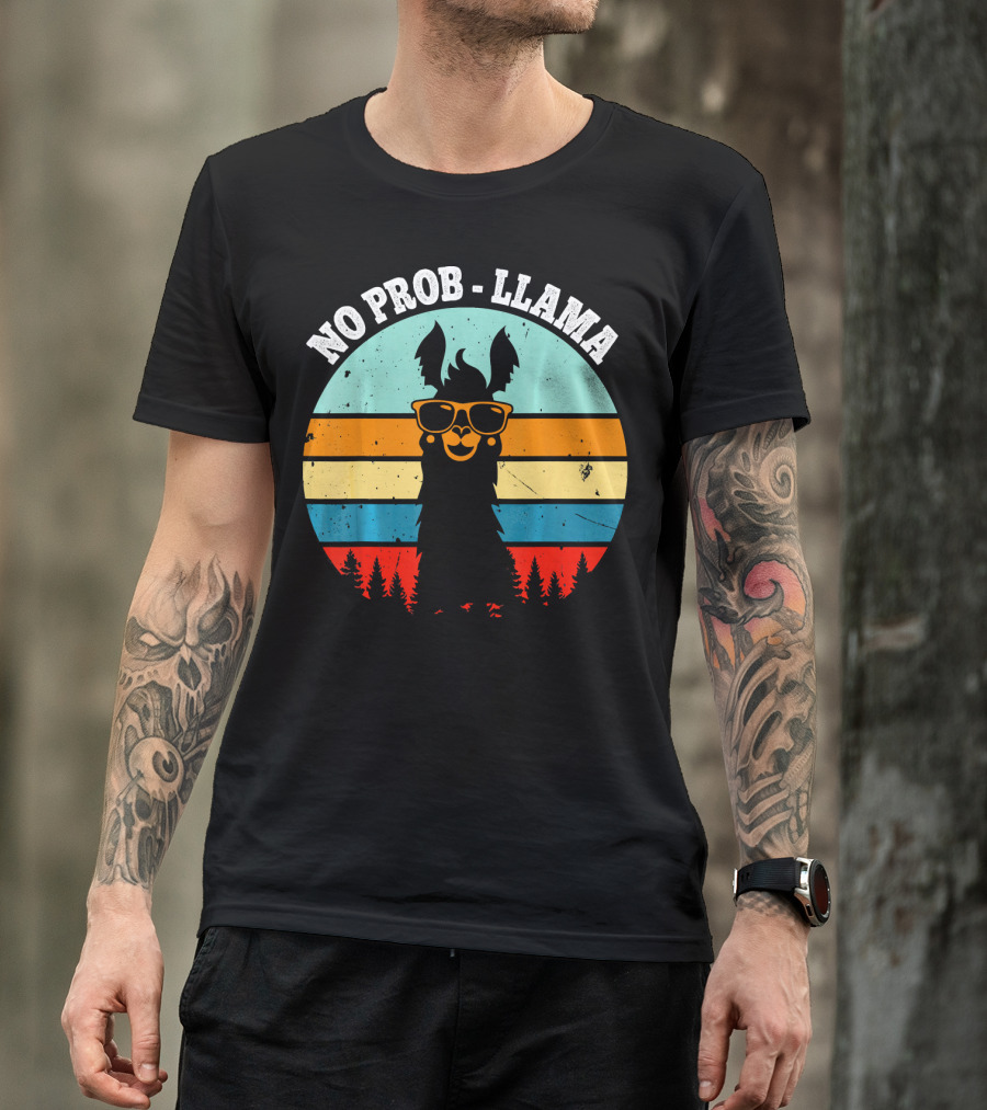NO PROB LLAMA Retro Vintage Sunset Llama With Sunglasses And Trees T-Shirt