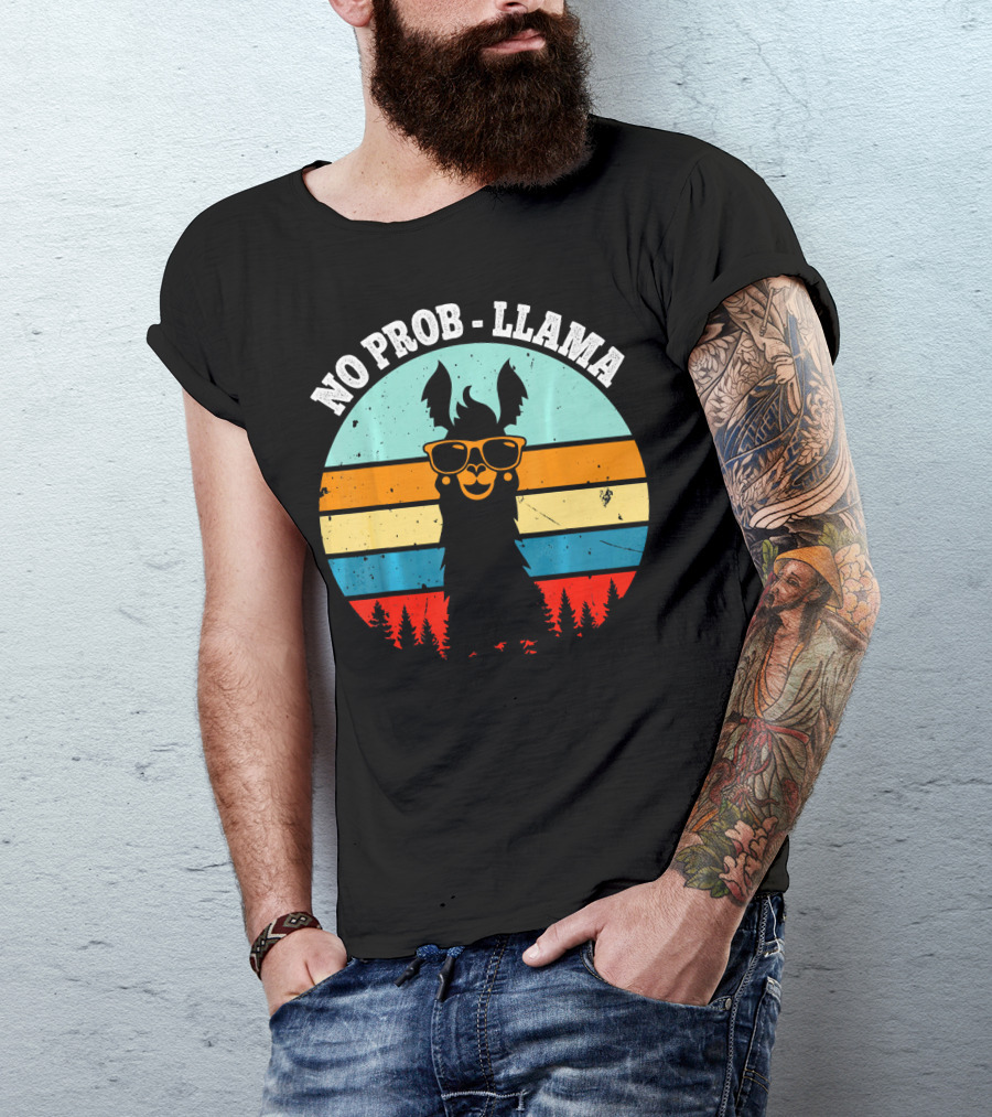 NO PROB LLAMA Retro Vintage Sunset Llama With Sunglasses And Trees T-Shirt