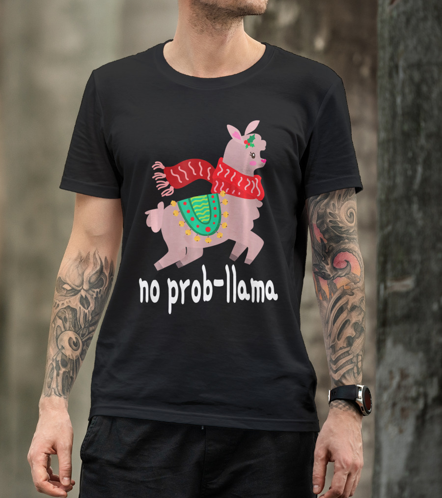 No Prob Llama Christmas Festive Scarf And Bells T-Shirt