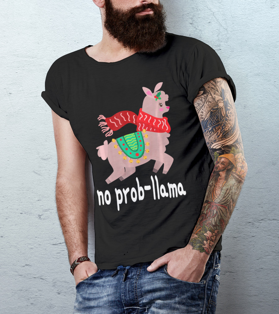 No Prob Llama Christmas Festive Scarf And Bells T-Shirt