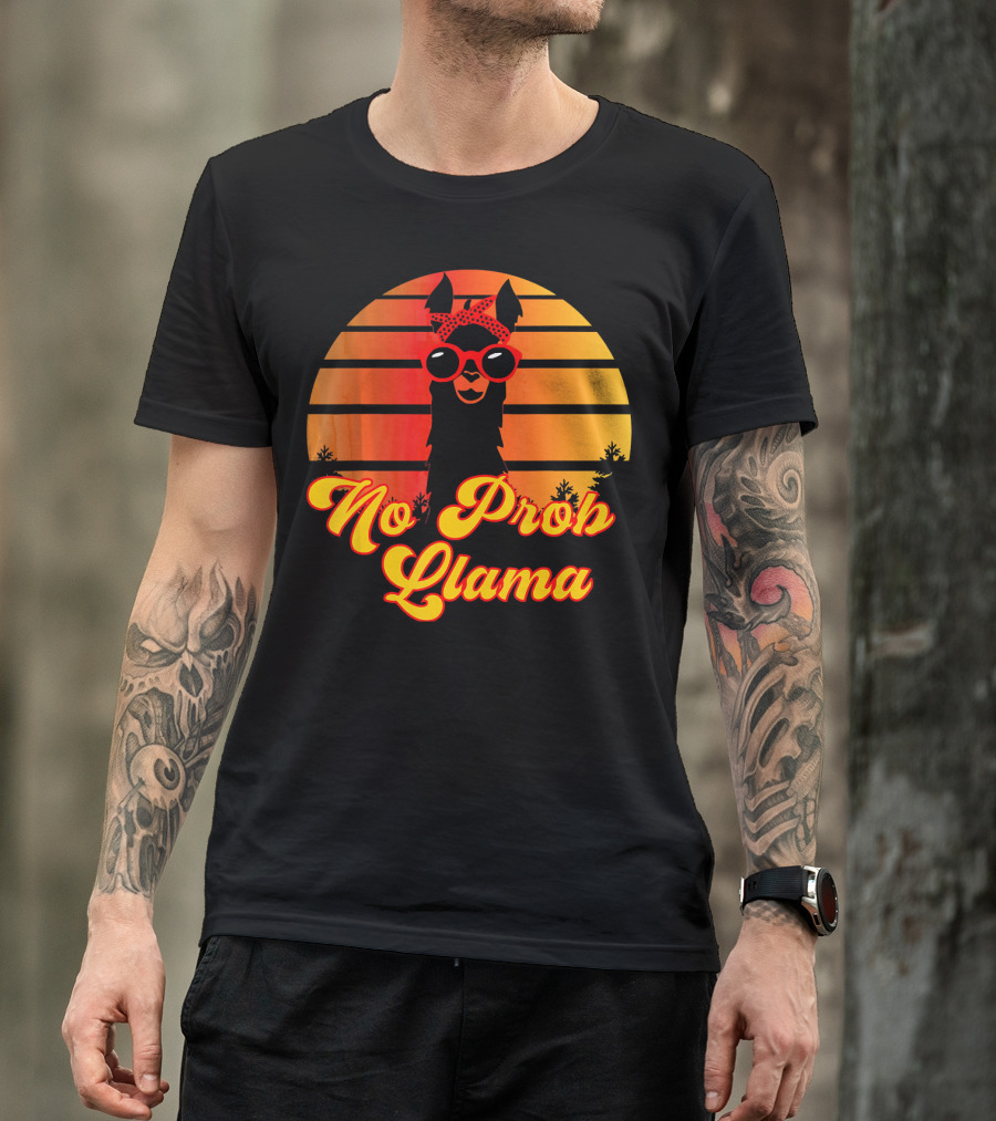 No Prob Llama Retro Cute Funny Llama With Sunset And Sunglasses T-Shirt