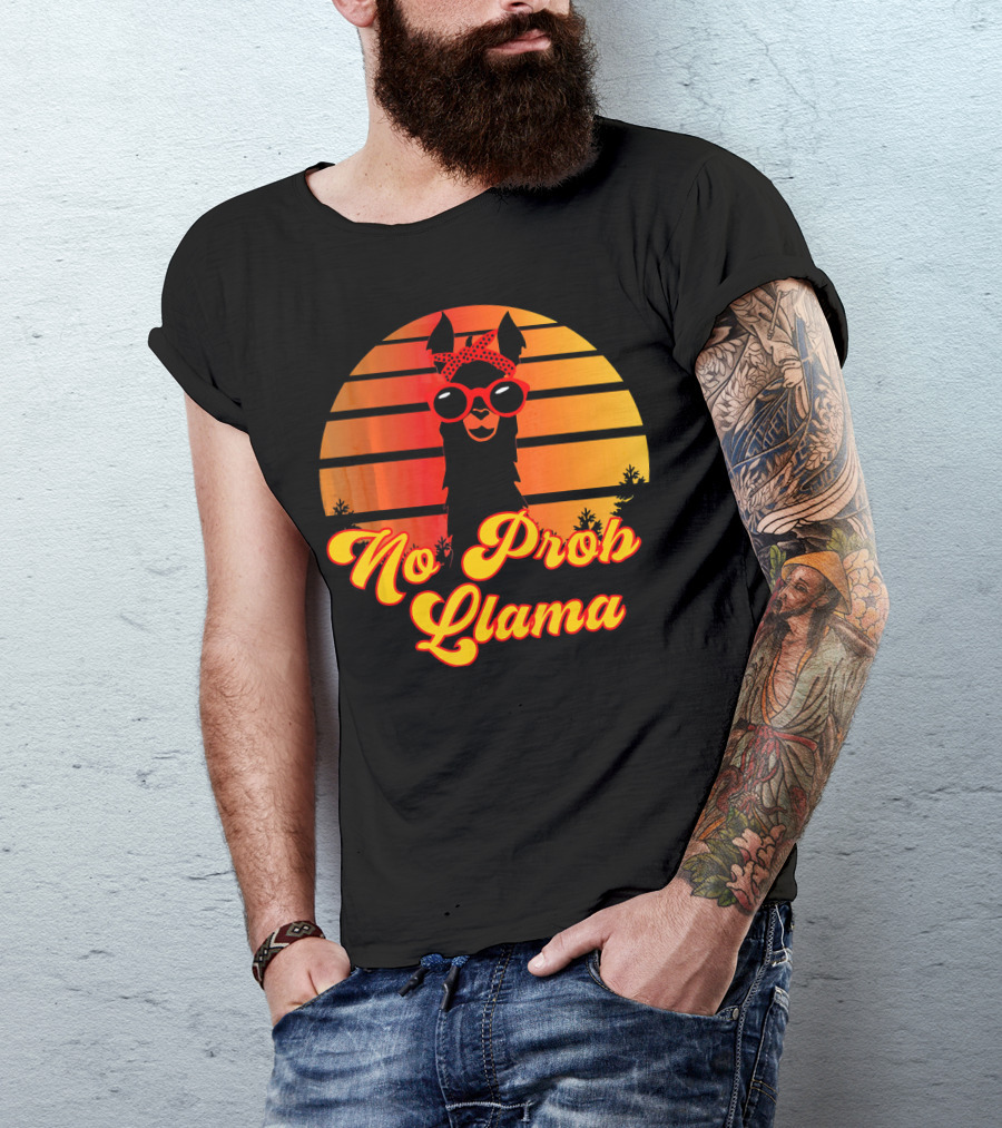 No Prob Llama Retro Cute Funny Llama With Sunset And Sunglasses T-Shirt