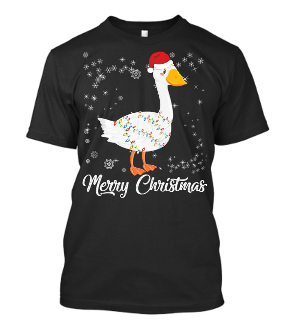 Merry Christmas Goose Wrapped In Lights With Santa Hat Snowflakes T-Shirt