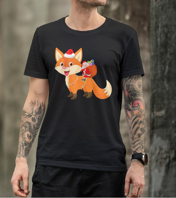 Santa Riding Fox Christmas Boys Me Santa Hat Lights Gifts T-Shirt