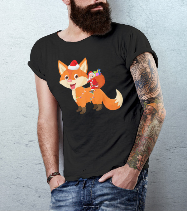 Santa Riding Fox Christmas Boys Me Santa Hat Lights Gifts T-Shirt