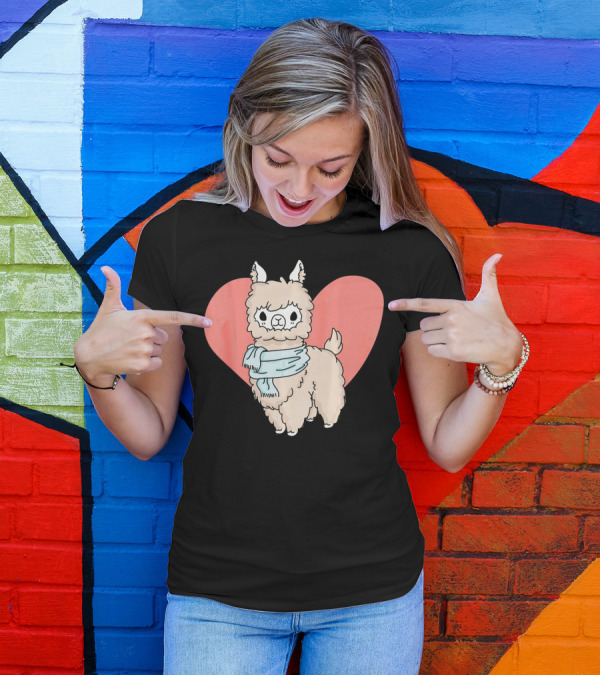 Sweet Llama Alpaca Heart With Blue Scarf T-Shirt