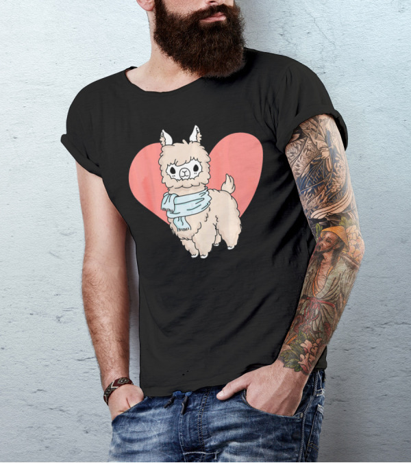 Sweet Llama Alpaca Heart With Blue Scarf T-Shirt