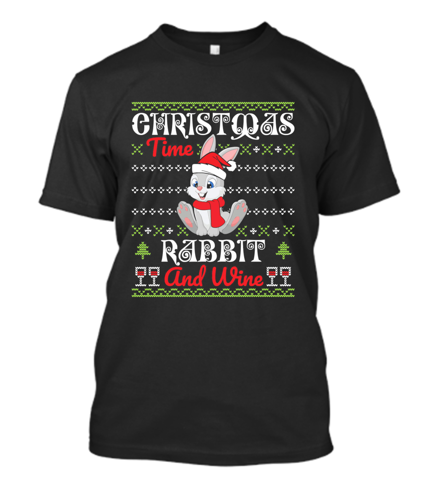 Christmas Time Rabbit And Wine With Santa Hat T-Shirt