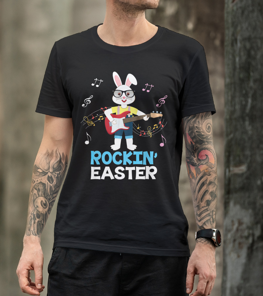 Rockin' Easter Bunny Playing Guitar With Musical Notes T-Shirt
