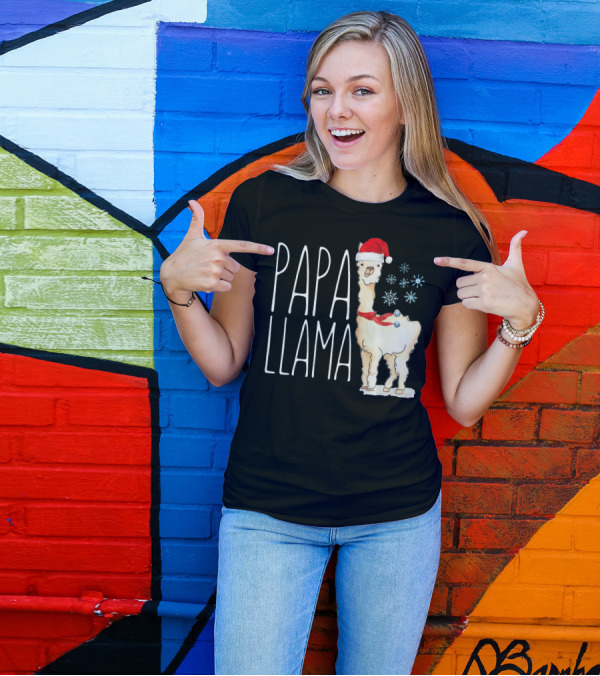 Papa Llama Santa Hat Christmas Snowflakes T-Shirt