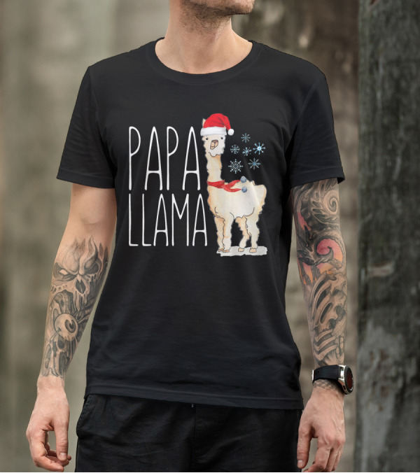 Papa Llama Santa Hat Christmas Snowflakes T-Shirt