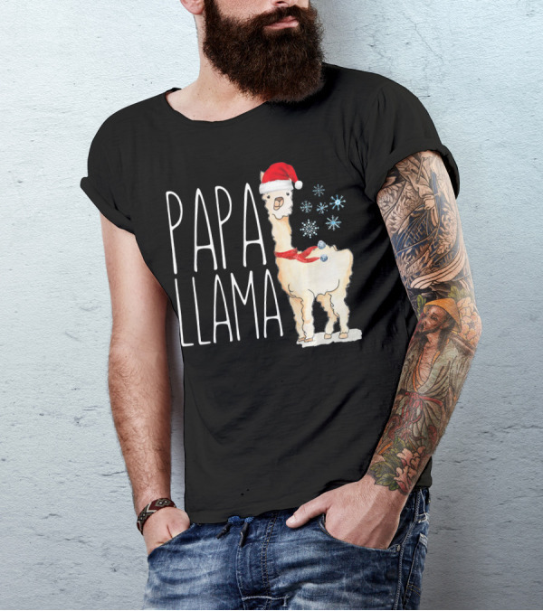 Papa Llama Santa Hat Christmas Snowflakes T-Shirt