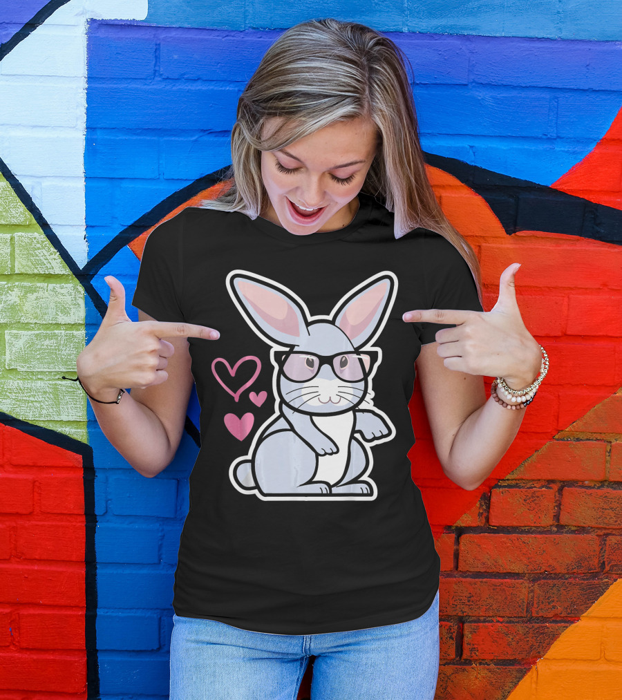 Nerdy Rabbit In Glasses With Pink Hearts T-Shirt