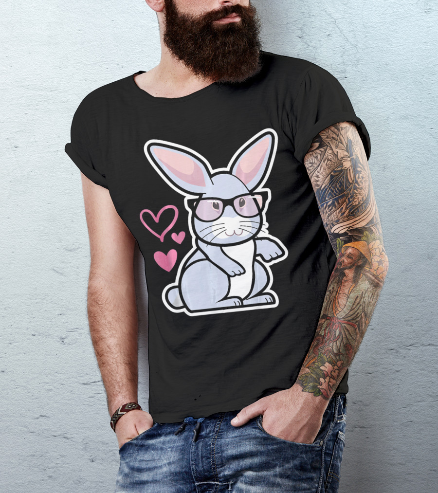 Nerdy Rabbit In Glasses With Pink Hearts T-Shirt