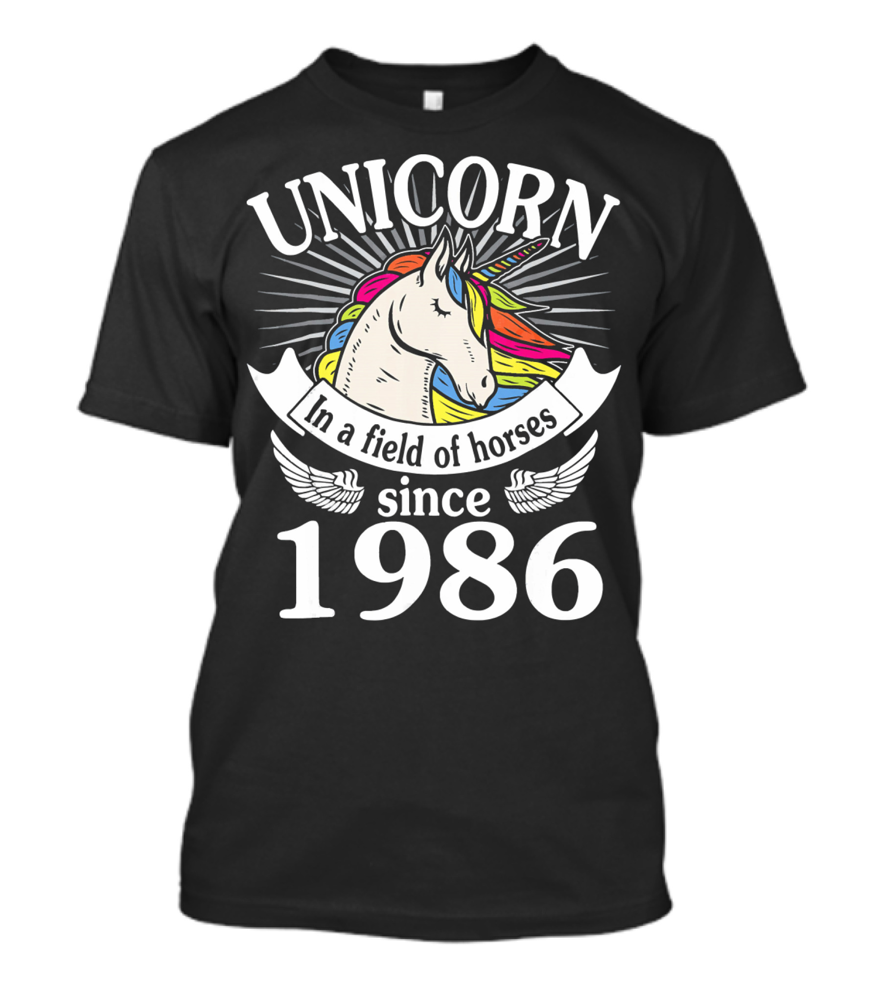 Unicorn In A Field Of Horses 1986 Rainbow Wings T-Shirt
