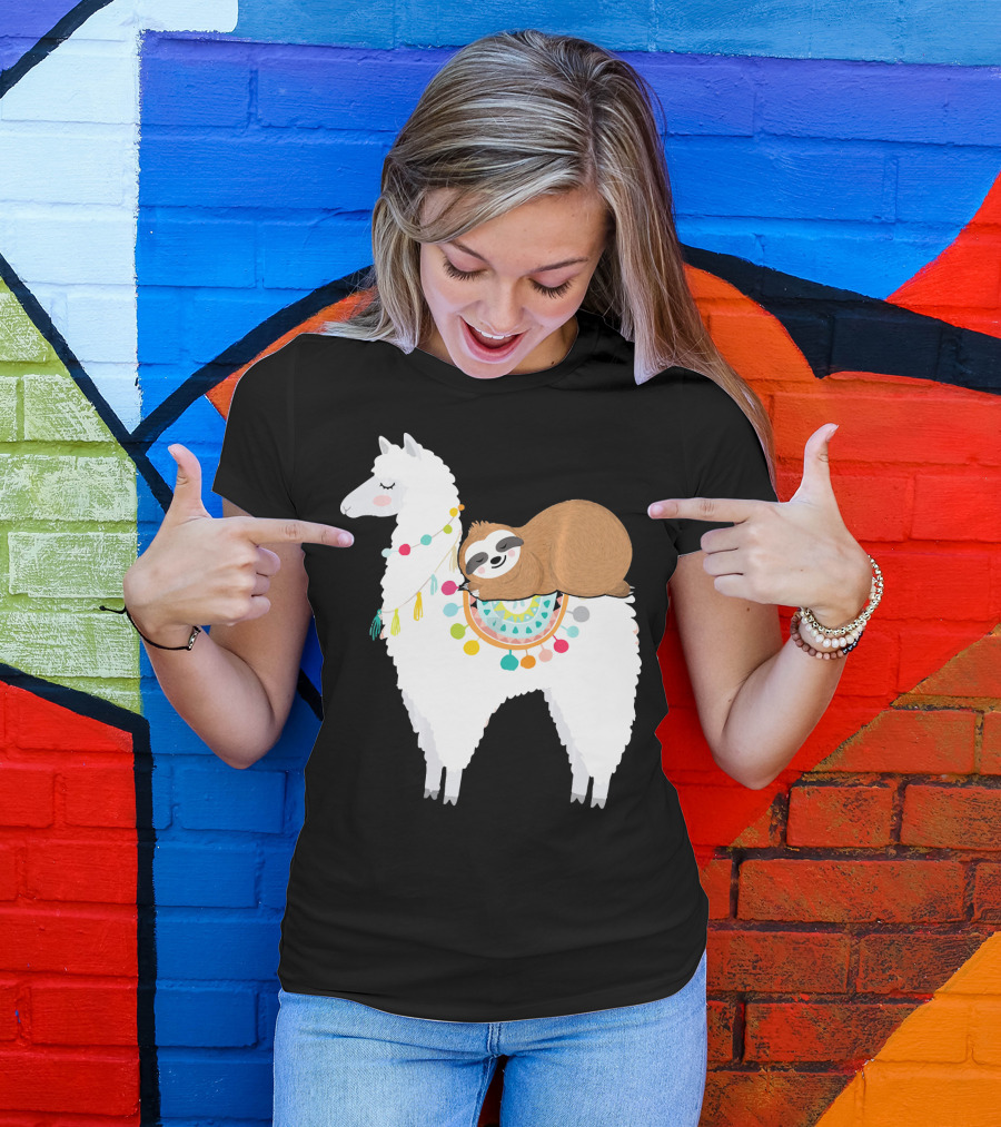 Sloth Cute Sleeping Sloth On Colorful Llama T-Shirt