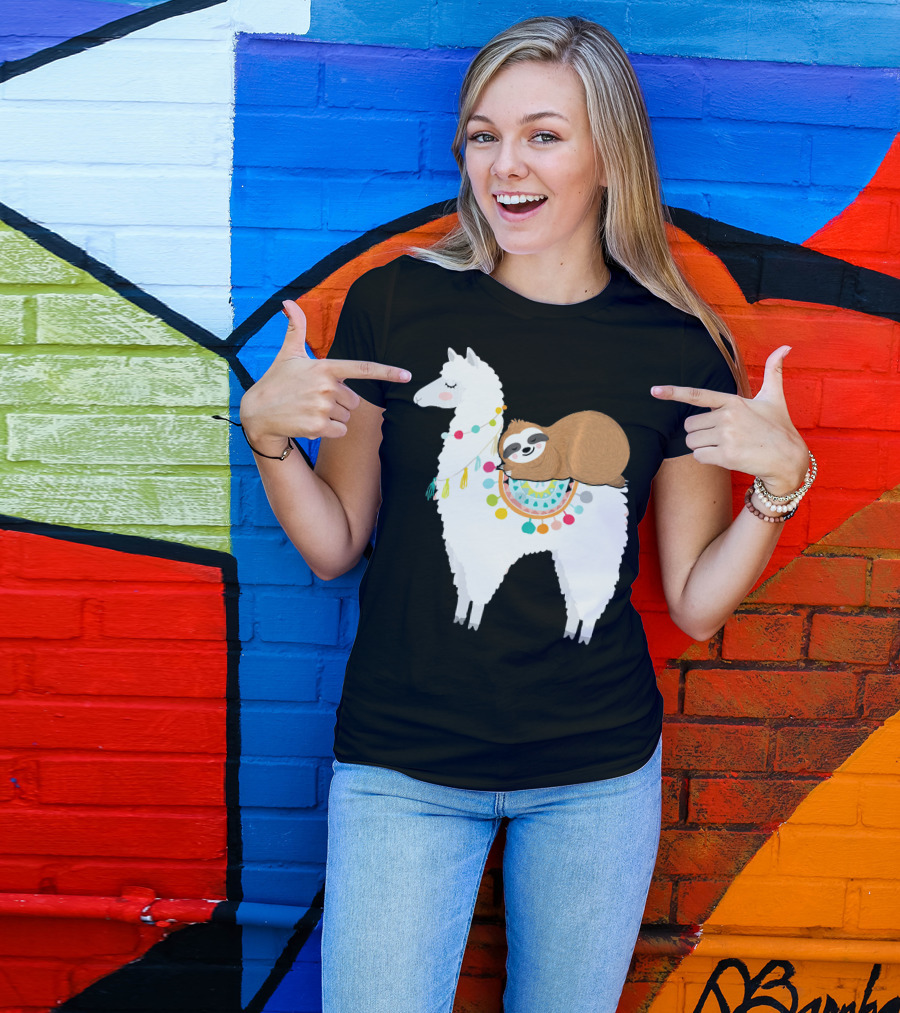 Sloth Cute Sleeping Sloth On Colorful Llama T-Shirt