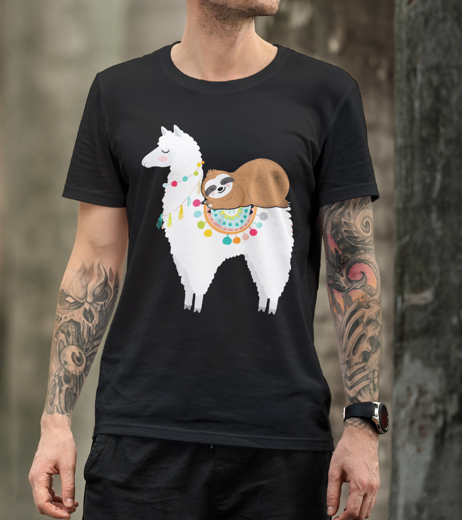 Sloth Cute Sleeping Sloth On Colorful Llama T-Shirt