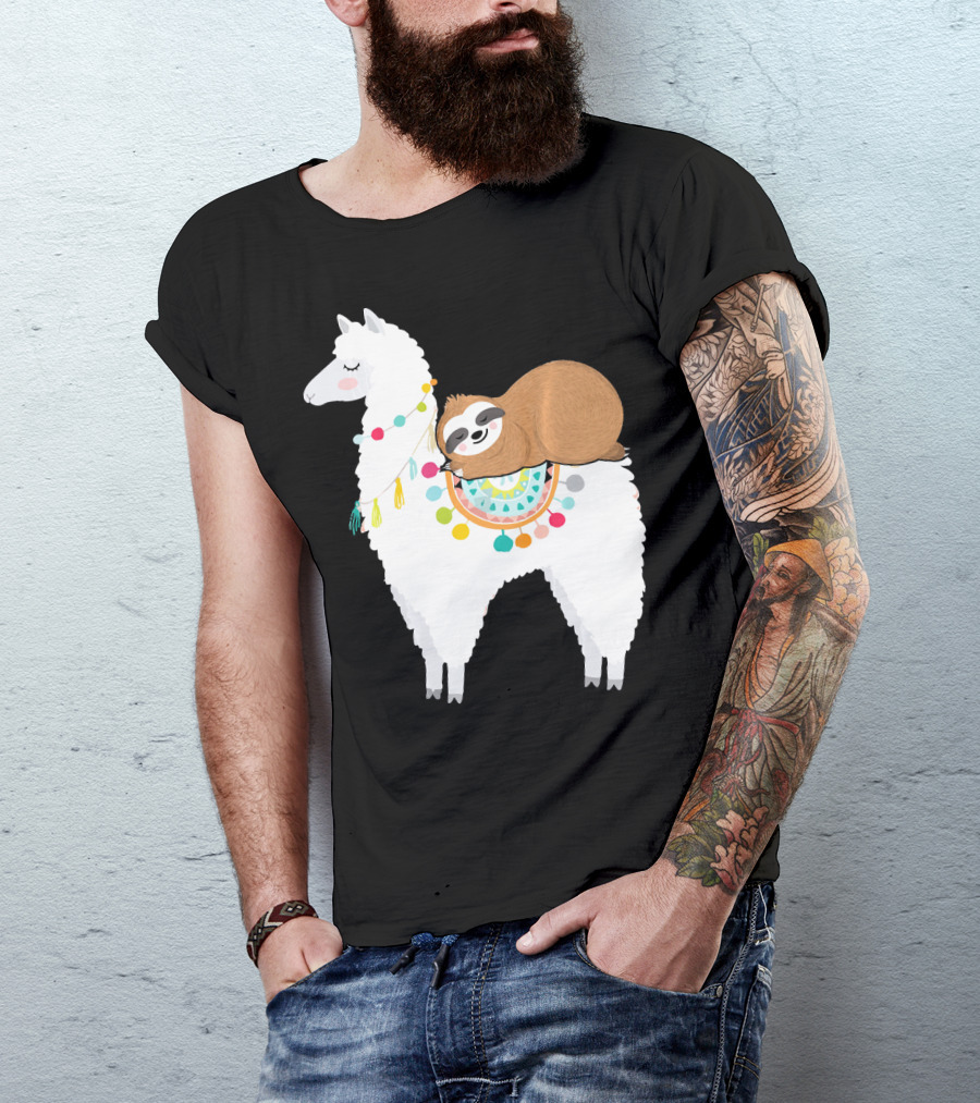 Sloth Cute Sleeping Sloth On Colorful Llama T-Shirt