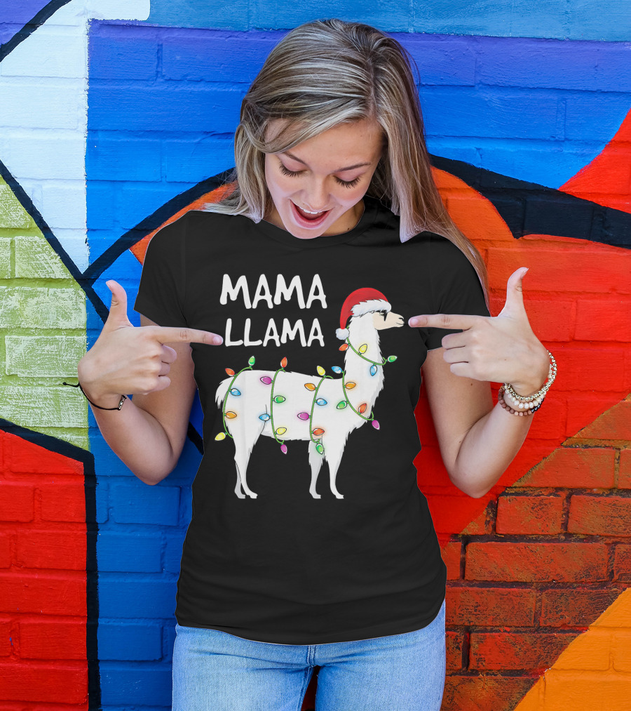Mama Llama Christmas Lights Santa Hat Festive T-Shirt