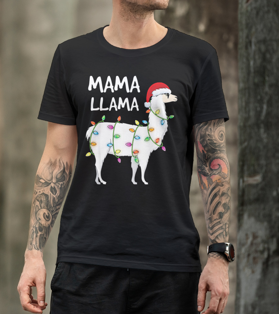 Mama Llama Christmas Lights Santa Hat Festive T-Shirt