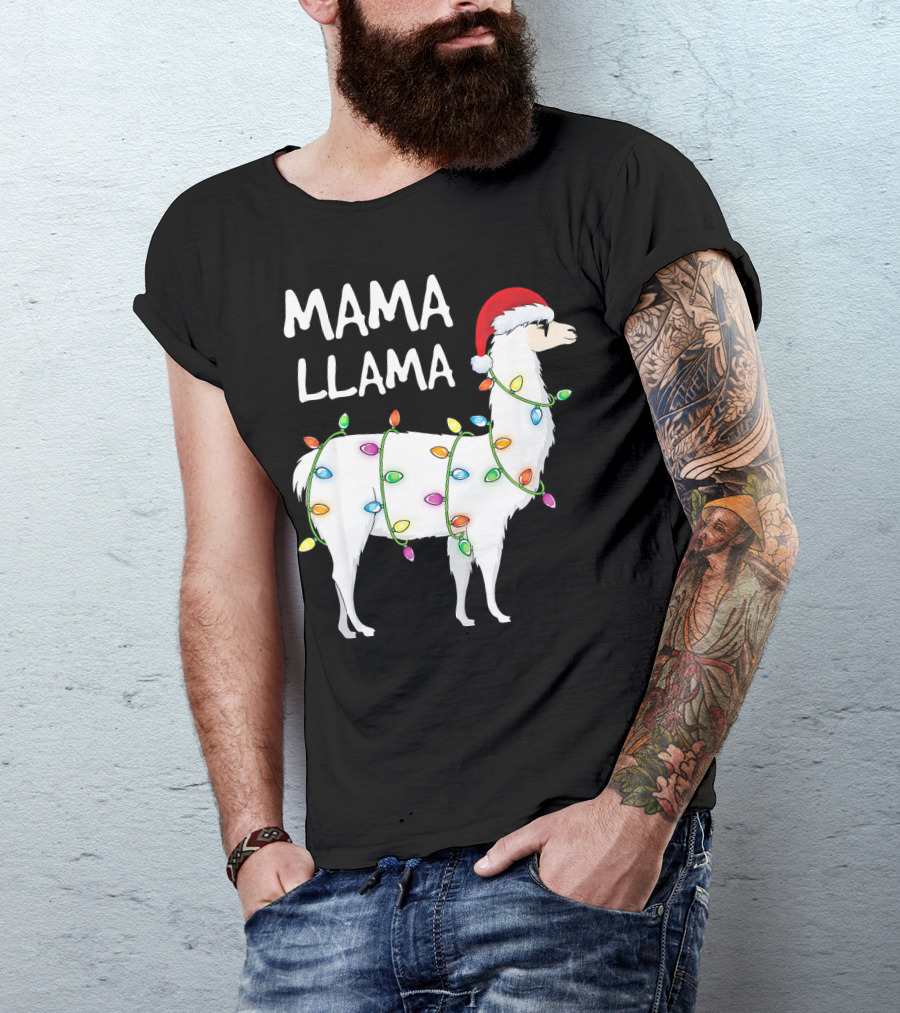 Mama Llama Christmas Lights Santa Hat Festive T-Shirt
