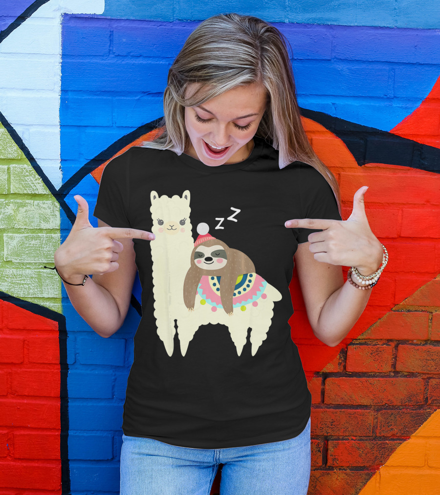 Sloth Snoozing On Alpaca Llama Adorable Sleepy Animal T-Shirt