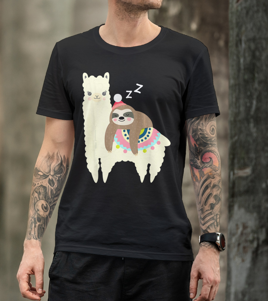 Sloth Snoozing On Alpaca Llama Adorable Sleepy Animal T-Shirt