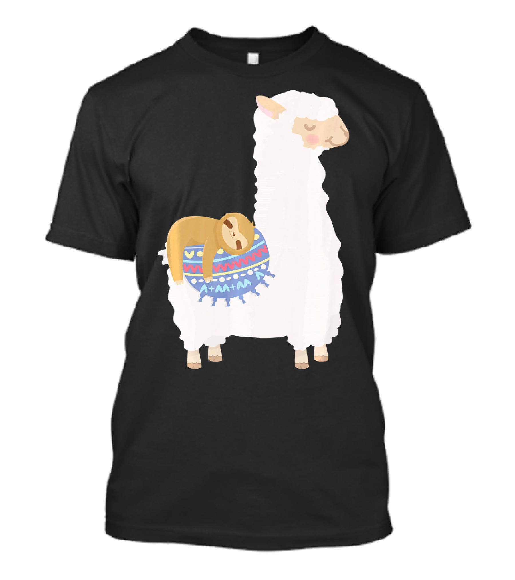 Sloth Sleeping On Colorful Blanket On White Llama Alpaca T-Shirt