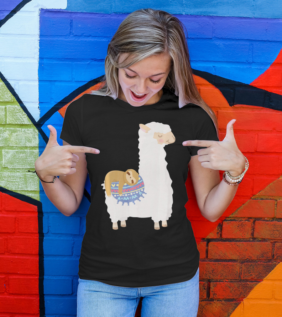 Sloth Sleeping On Colorful Blanket On White Llama Alpaca T-Shirt