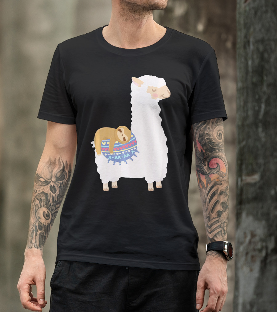 Sloth Sleeping On Colorful Blanket On White Llama Alpaca T-Shirt