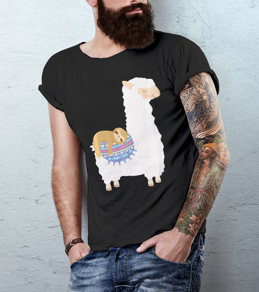 Sloth Sleeping On Colorful Blanket On White Llama Alpaca T-Shirt