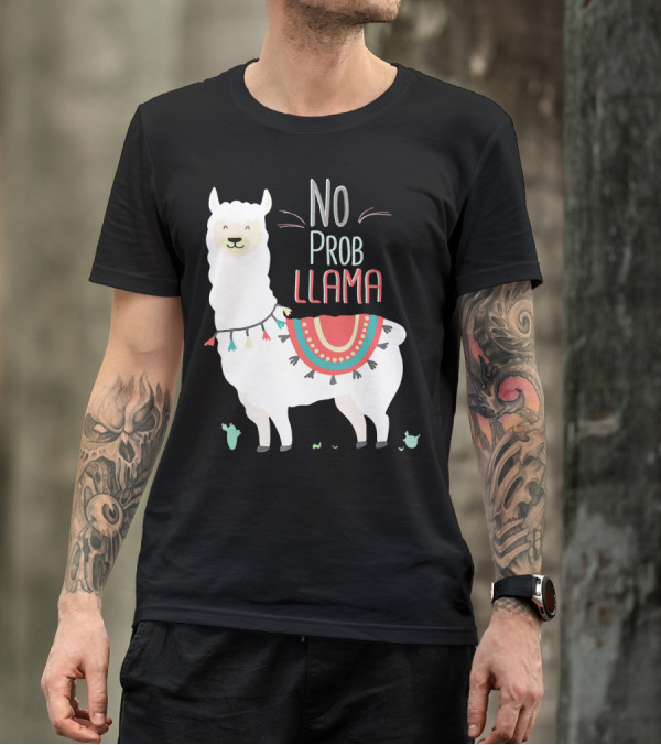 No Prob Llama Whimsical Alpaca With Colorful Blanket And Cactus T-Shirt