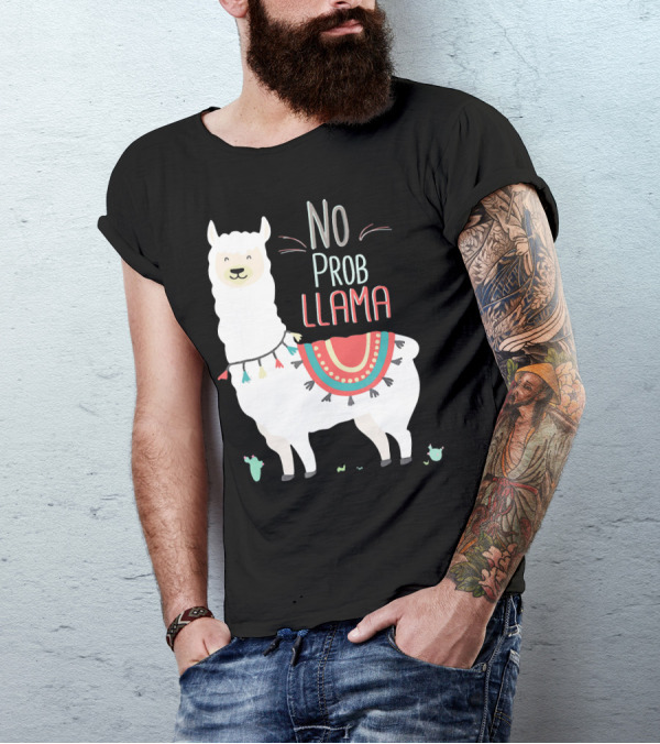 No Prob Llama Whimsical Alpaca With Colorful Blanket And Cactus T-Shirt