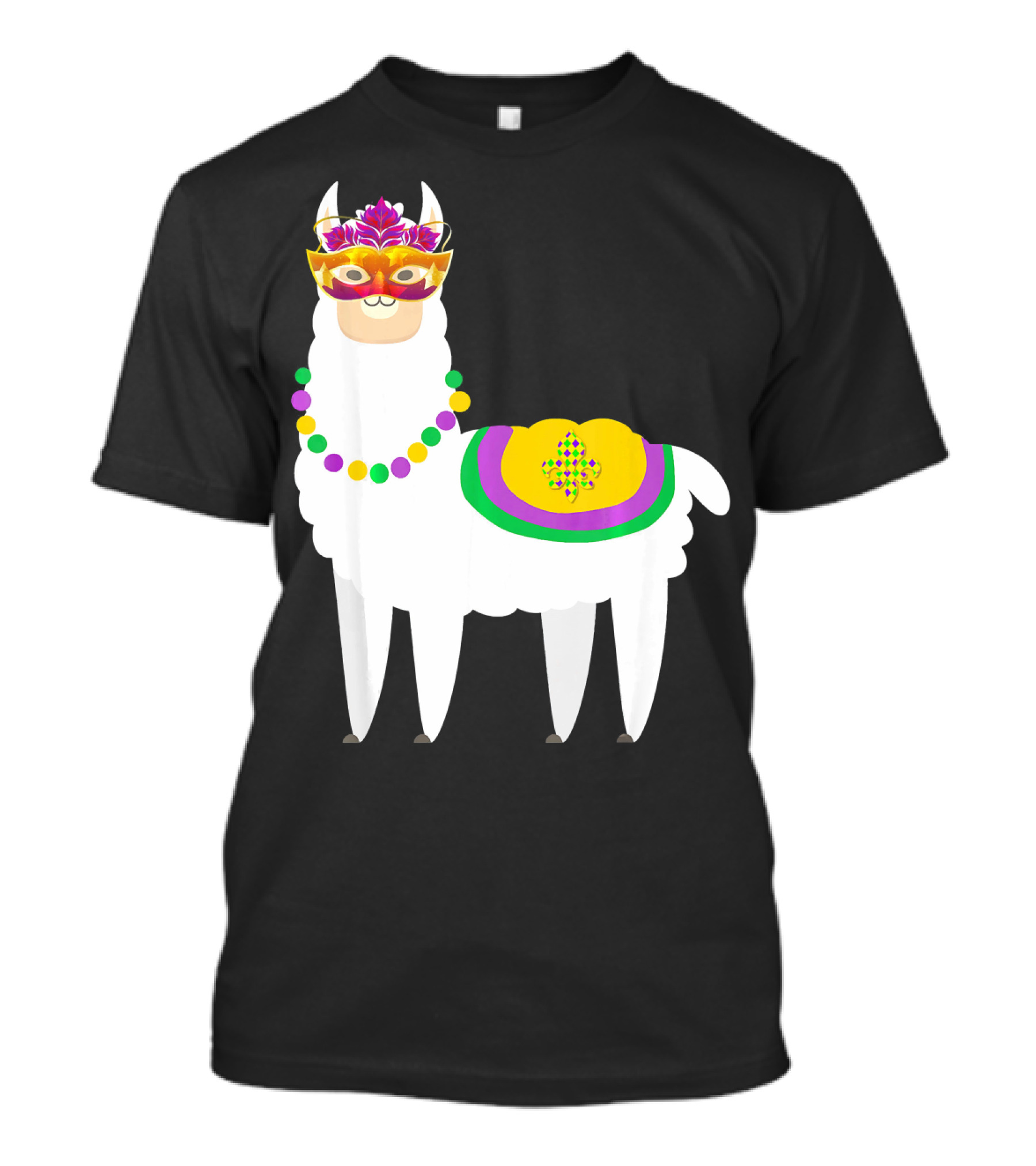 Mardi Gras Llama Fat Tuesday Celebration Mask Beads Fleur De Lis T-Shirt