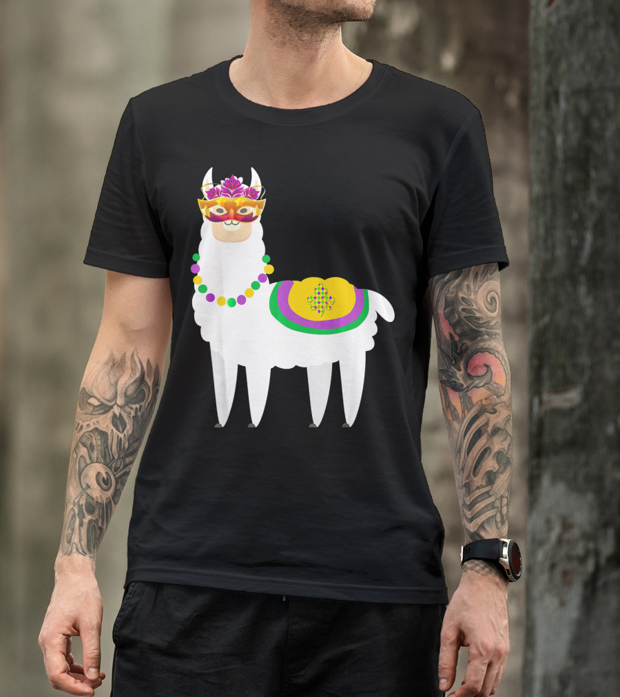 Mardi Gras Llama Fat Tuesday Celebration Mask Beads Fleur De Lis T-Shirt