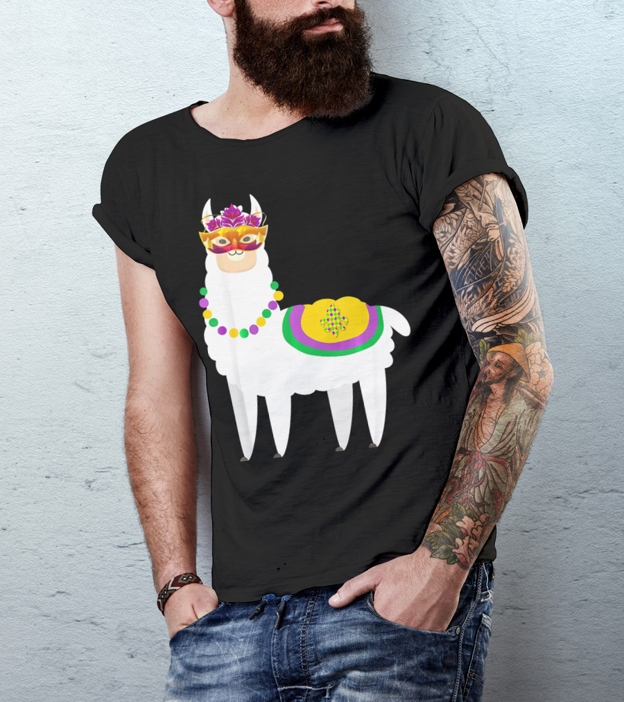 Mardi Gras Llama Fat Tuesday Celebration Mask Beads Fleur De Lis T-Shirt