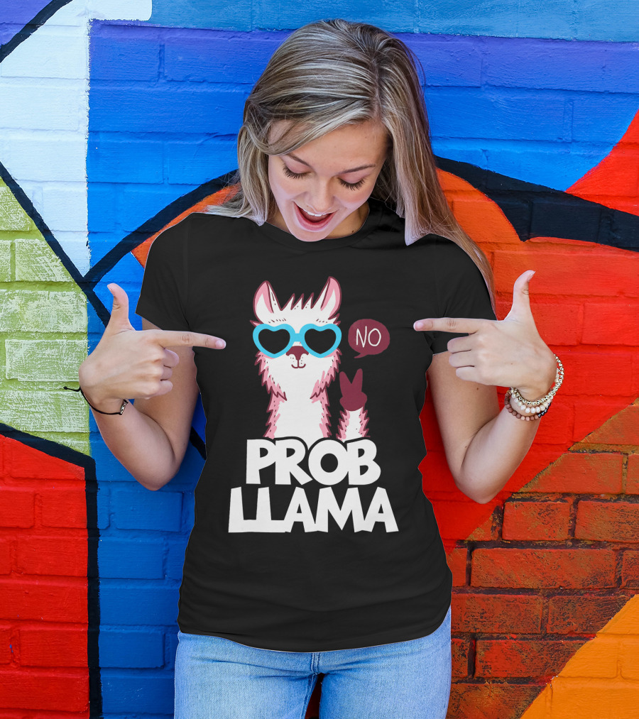 No Prob Llama Cool Peace Sign Heart Glasses T-Shirt