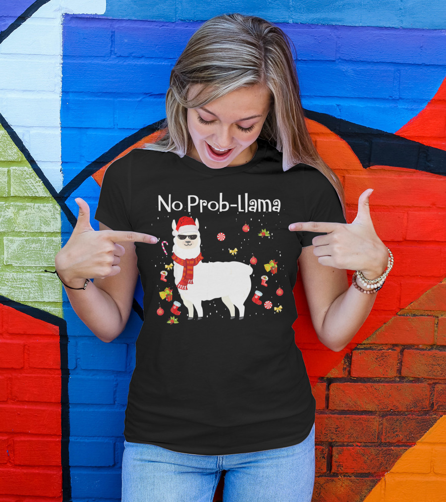 No Prob Llama Christmas Santa Hat Candy Canes Sunglasses Gifts T-Shirt