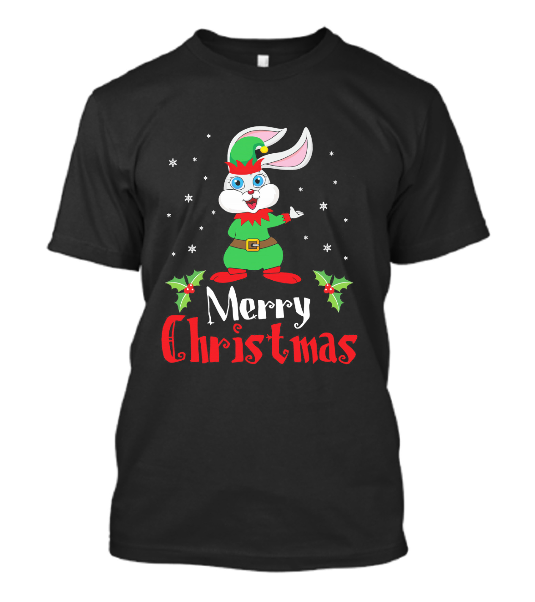 Merry Christmas Rabbit In Elf Costume With Snowflakes And Holly T-Shirt