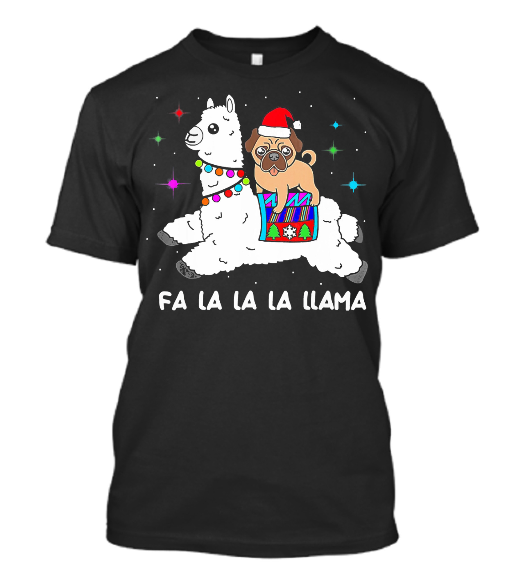 Fa La La La Llama Pug Dog Christmas Santa Hat T-Shirt