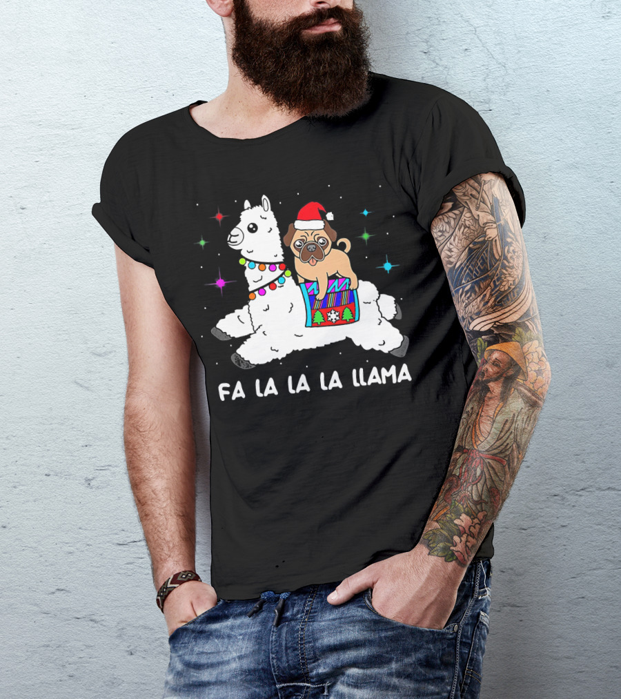 Fa La La La Llama Pug Dog Christmas Santa Hat T-Shirt