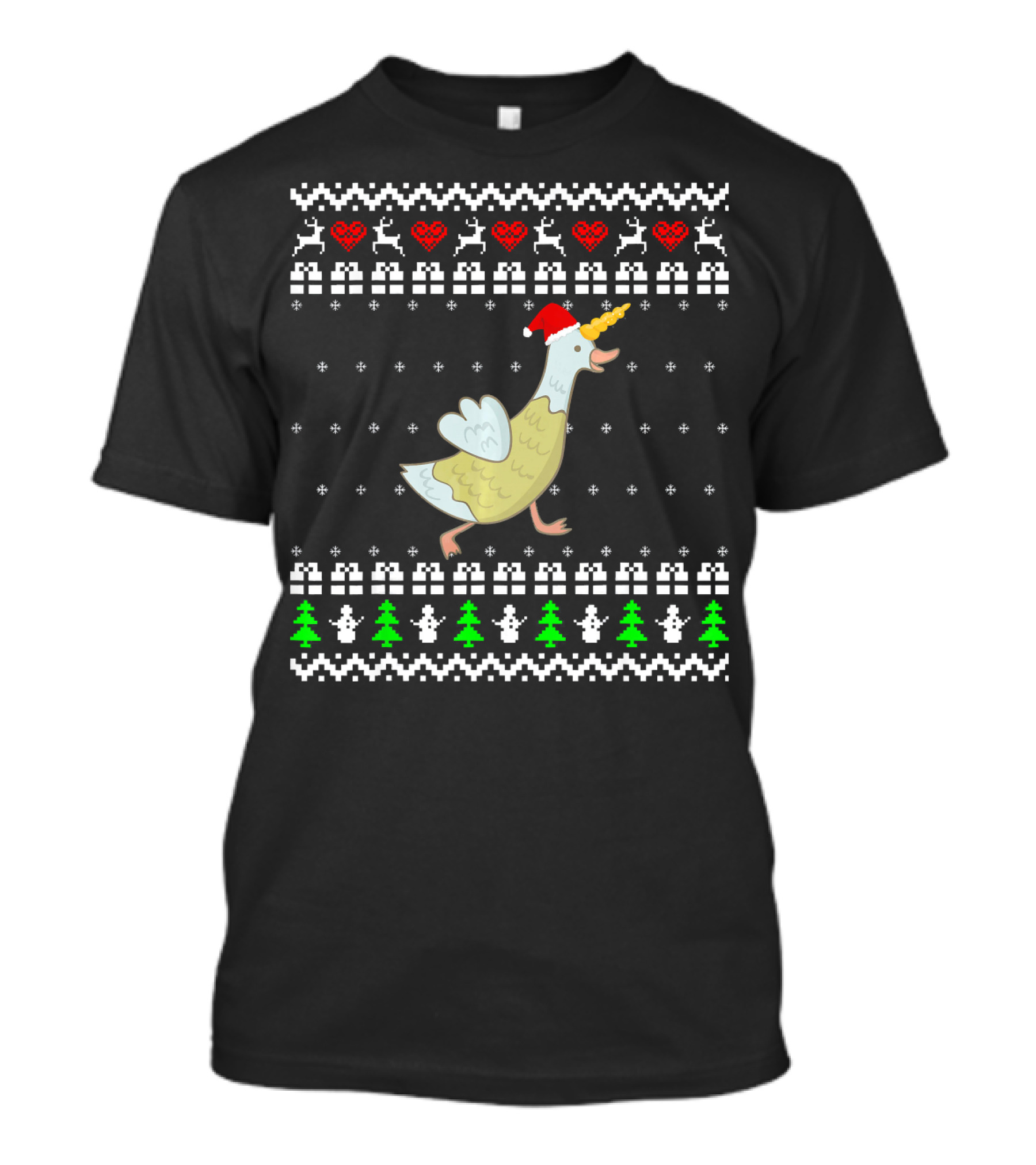 Unicorn Goose Reindeer Hearts Santa Hat Ugly Christmas T-Shirt