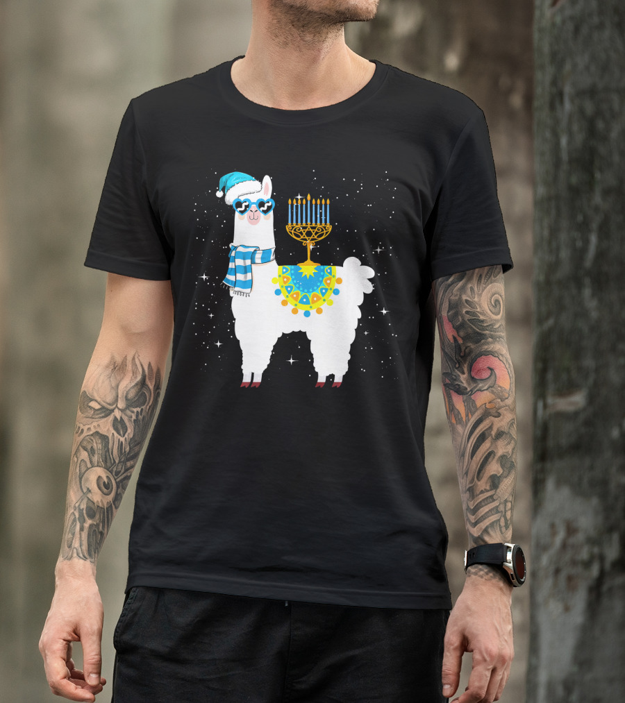 Menorah Hanukkah Llama With Scarf And Hat T-Shirt