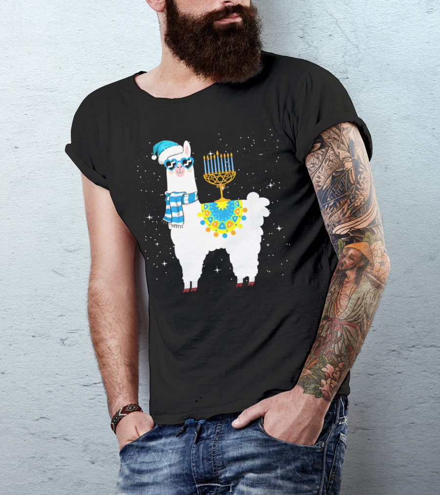 Menorah Hanukkah Llama With Scarf And Hat T-Shirt