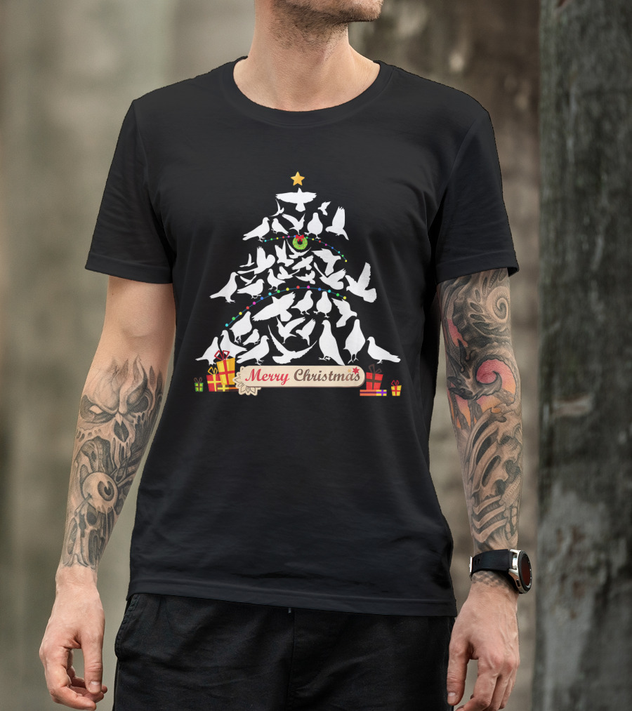 Merry Christmas Pigeon Tree With Presents And Star T-Shirt