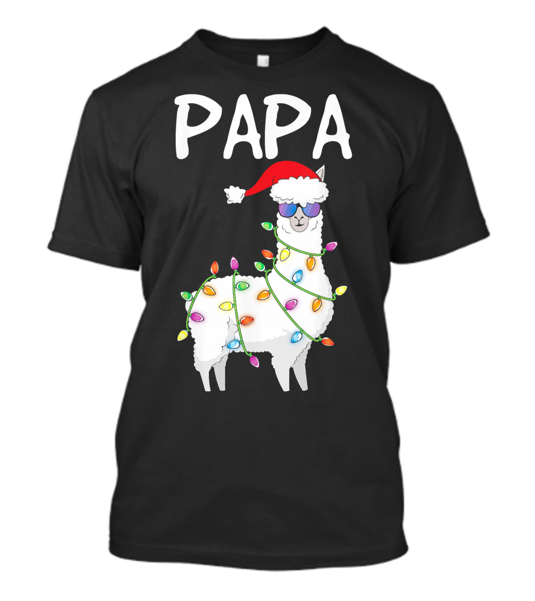 Papa Llama Alpaca Funny Family Christmas Lights Santa Hat T-Shirt